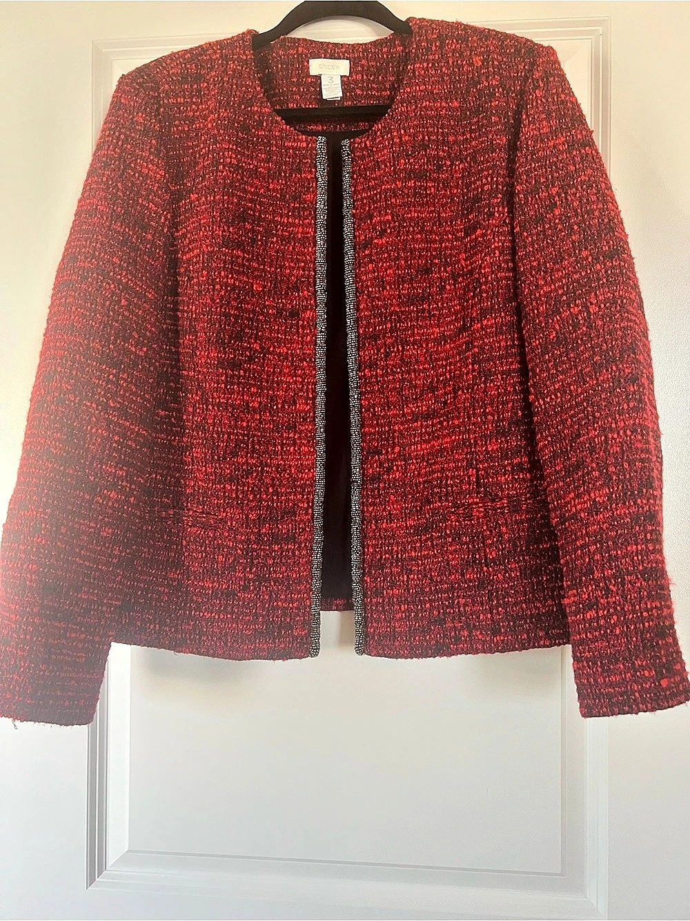 Chico's Embellished Tweed Jacket Red & Black Size 3